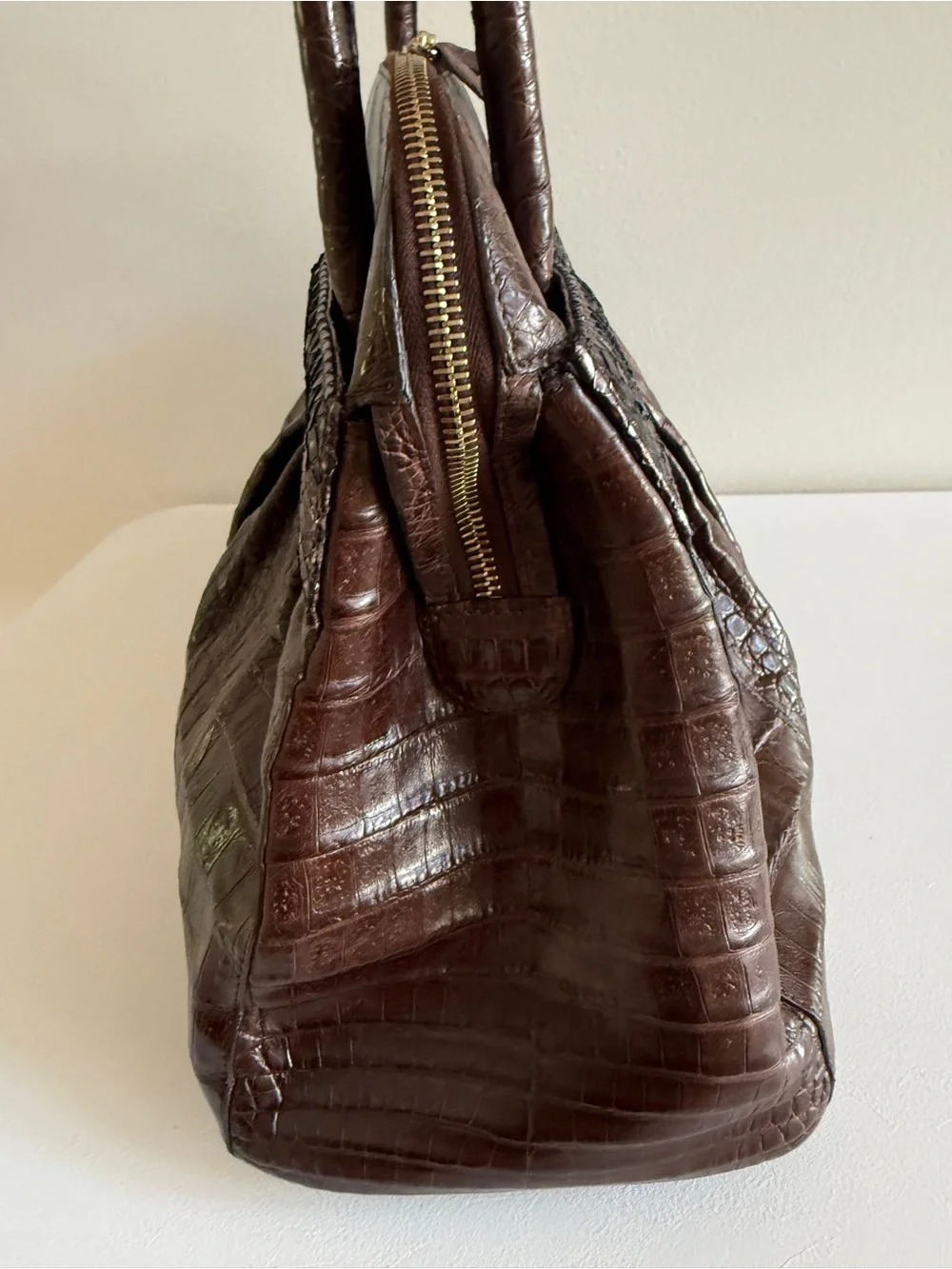 NANCY GONZALEZ Genuine Crocodile Top Handle Shoulder Bag Handbag, Brown